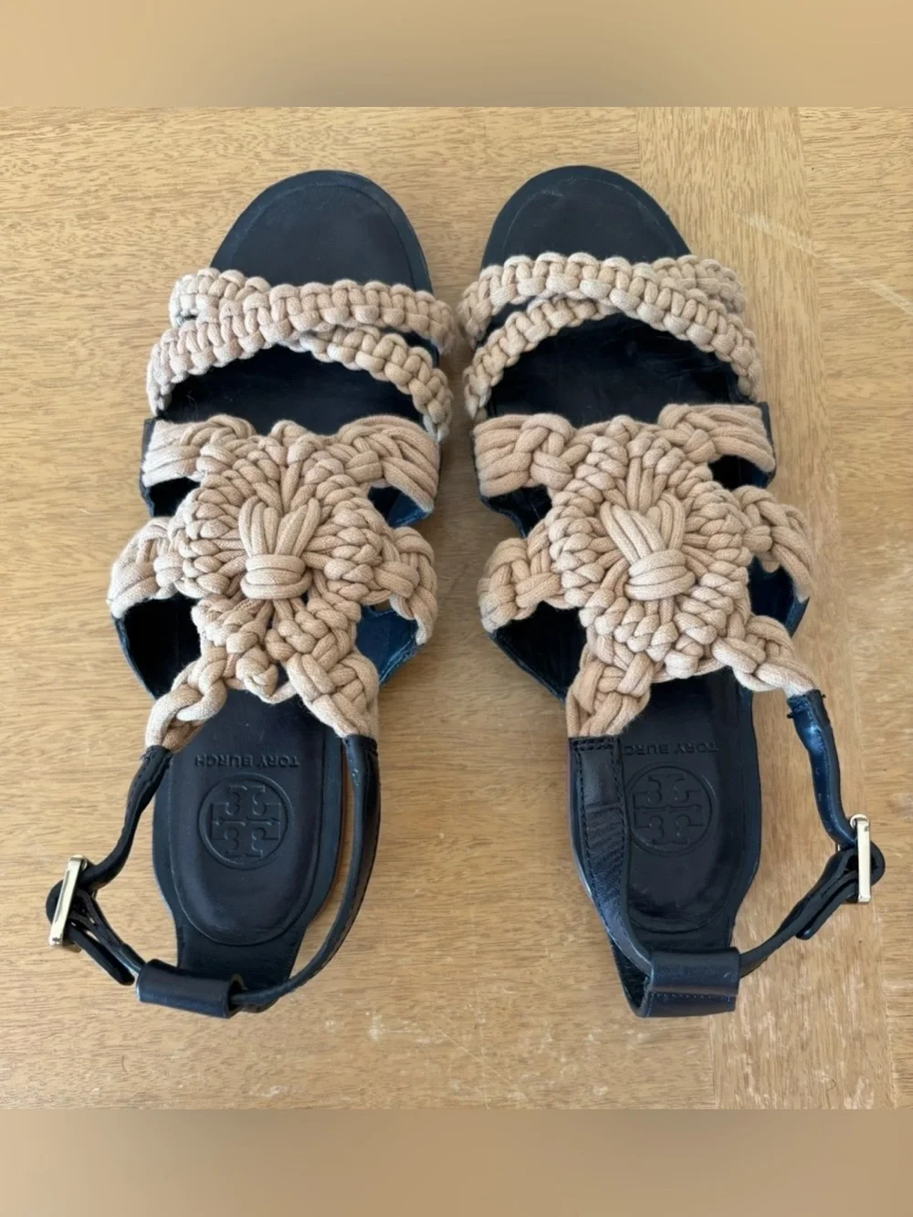 Tory Burch Macrame Fleur Sandals Woven Leather Slingback in Beige and Black